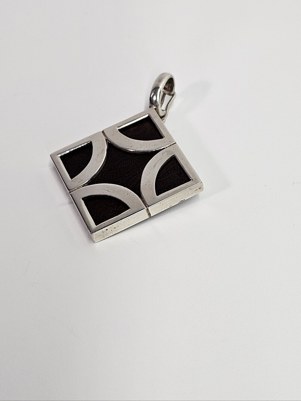 Pendant 1 5/8" Enhancer Square 925 Silver Vintage Wood Deco Modernist Geometric